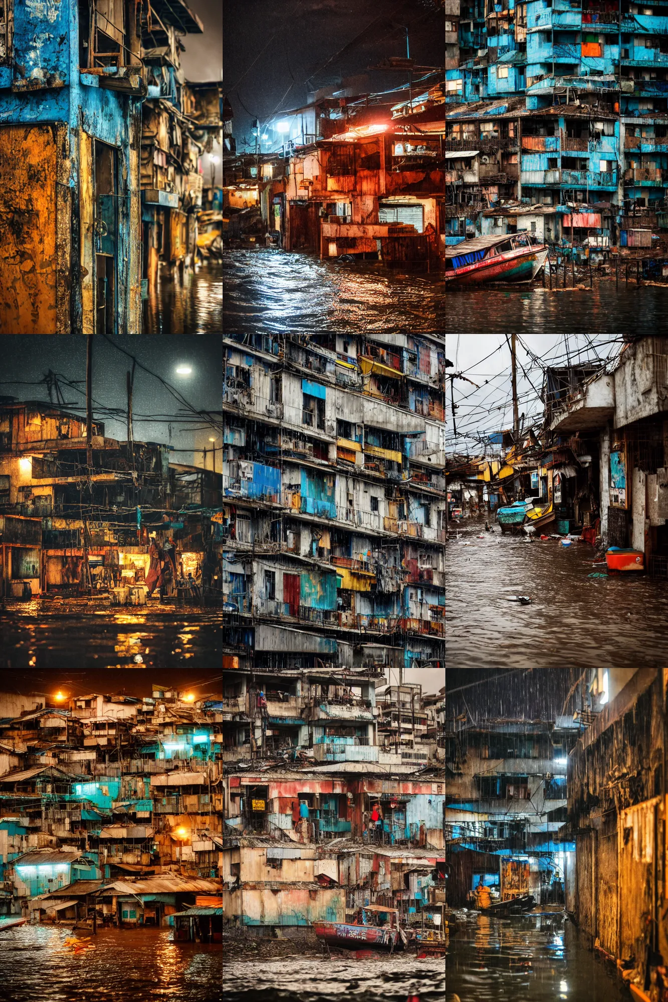Prompt: travel photography, a close up 3 5 mm photo of a dystopian cyberpunk motel made of scrap wood and scrap metal in a village of favelas, flooded fishing village, at night, raining, boats in the water, epic lighting, epic composition, depth of field, bokeh, upscaled to 4 k