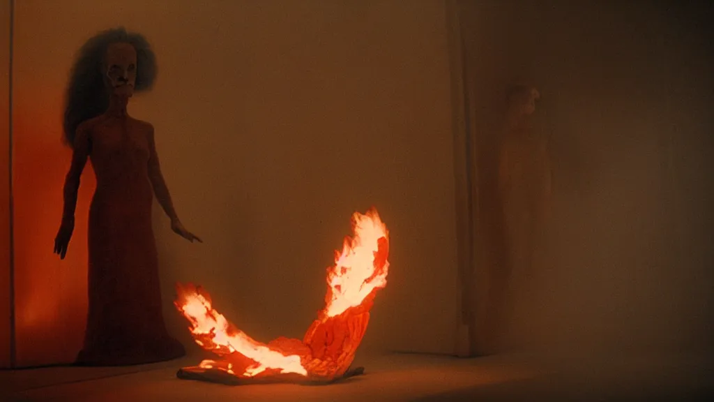 Image similar to the strange creature in the closet, made of fire and wax, film still from the movie directed by Denis Villeneuve with art direction by Salvador Dalí, wide lens