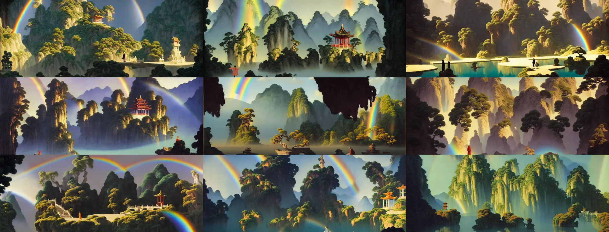 Prompt: a gorgeous landscape painting by barlowe wayne, maxfield parrish and marco mazzoni. chinese temple. sunny morning. a lonely chinese wuxia walks on the winding stone steps, stone gate to the dark cave, 3 d, octane render, turbulent lake, waterfall. fog, just one rainbow. 8 k.