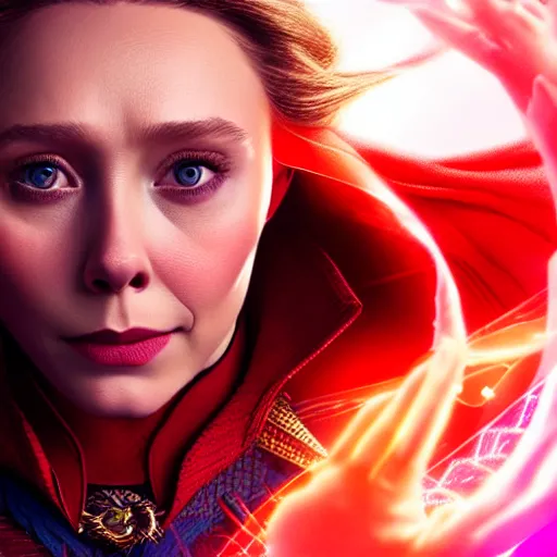 Image similar to A portrait of elizabeth olsen as scarlet witch from the movie doctor strange 2, cinematic, digital art, amazing detail