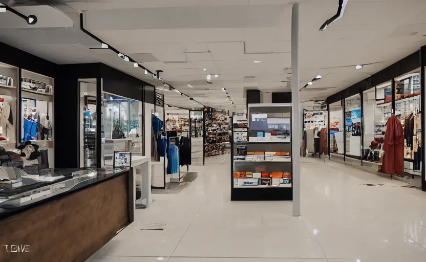 Prompt: telecom retail interior design concept, clean minimalistic canon ts - e 2 4 mm f / 3. 5 l ii ultra - wide tilt - shift lens