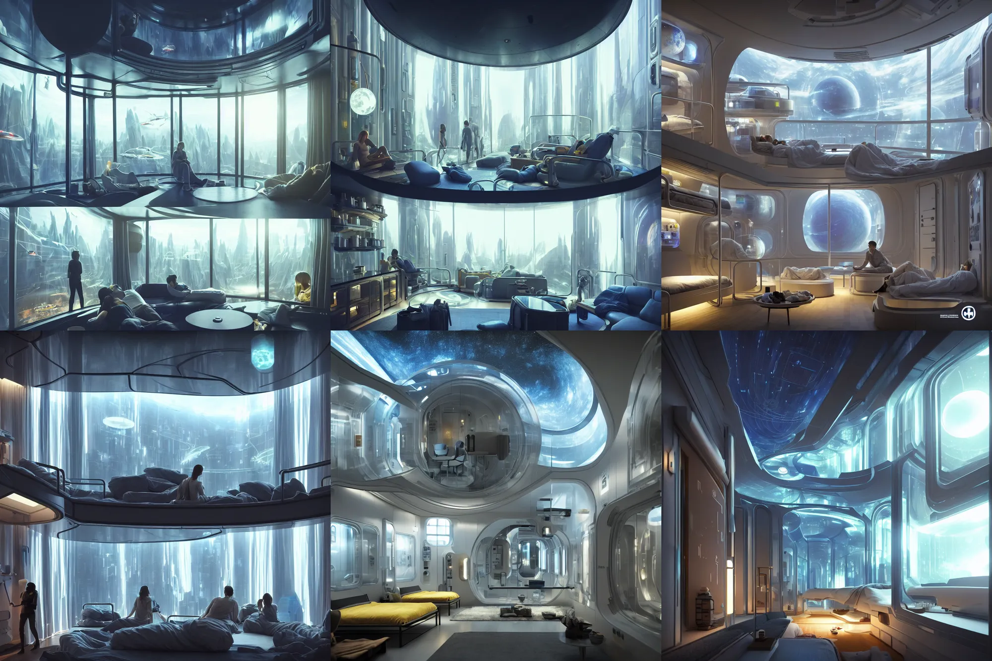 Prompt: very wide cinematic shot inside a scifi epic scale capsule hotel as ikea ad, modern lush condo as shopfront, terrarium lounge area, very tall cathedral ceiling with holographic sky art, detailed archviz render, archdaily, scifi artstation concept, comfy lighting, star citizen, fine details, unreal engine, hyperrealism, realistic shading, blender render