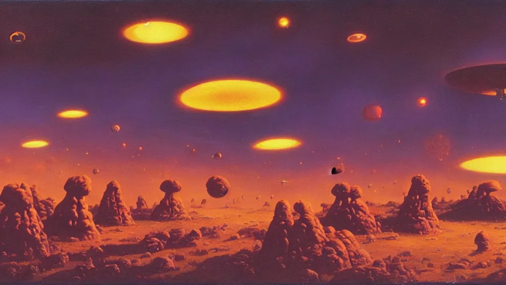 Prompt: flying saucer invaders by paul lehr and john schoenherr, cinematic matte painting
