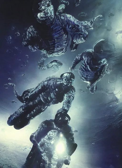 Image similar to astronauts in dark and empty void underwater - complex and hyperdetailed technical suit. reflection and dispersion materials. rays and dispersion of light. volumetric light. 5 0 mm, f / 3 2. noise film photo. flash photography. ultra realistic, wide angle. poster by wayne barlowe, hajime sorayama aaron horkey, craig mullins