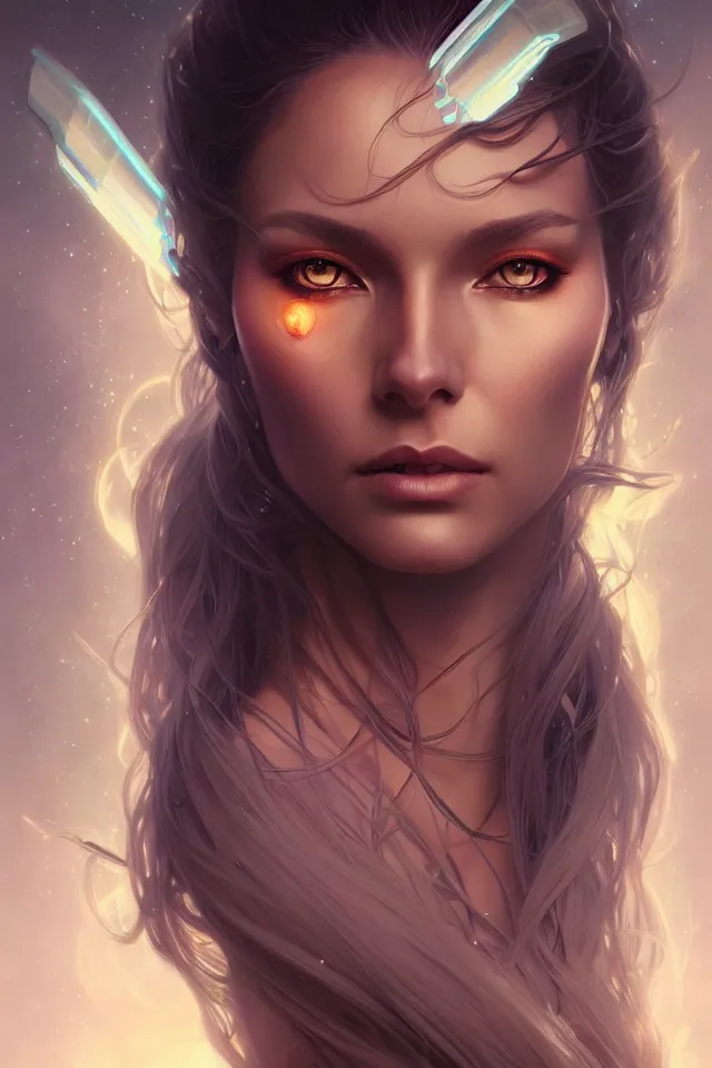 Image similar to futuristic woman portrait, sci-fi, amber eyes, face, long hair, fantasy, intricate, elegant, highly detailed, digital painting, artstation, concept art, smooth, sharp focus, illustration, art by artgerm and greg rutkowski and alphonse mucha