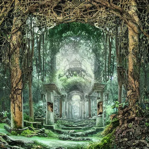 Image similar to beautiful ancient magical overgrown secret place, mysetrious etherial mesmerizing atmosphere, ancient ruins in the forest, extremely intricate, hyper detailed, hd, masterpiece