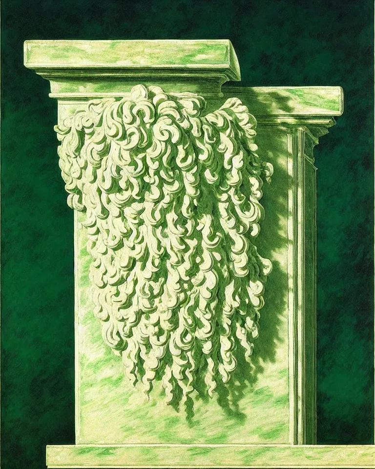 Image similar to achingly beautiful painting of intricate ancient roman corinthian capital on jade background by rene magritte, monet, and turner. giovanni battista piranesi.