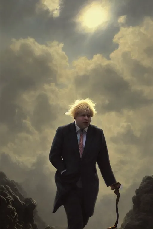 Image similar to a distant shot of Boris Johnson as Punsiher, masculine figure, bright hopeful atmosphere, volumetric lights, beam of bright light through the clouds, intricate, elegant, highly detailed, extremely detailed, digital painting, artstation, concept art, matte, smooth, sharp focus, hyper realistic, illustration, art by Artgerm and Greg Rutkowski and Alphonse Mucha