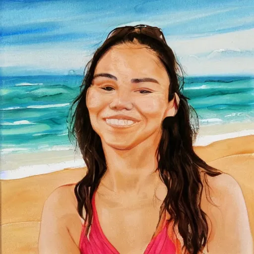 Prompt: Olivia Rodrigo at the beach, realistic
