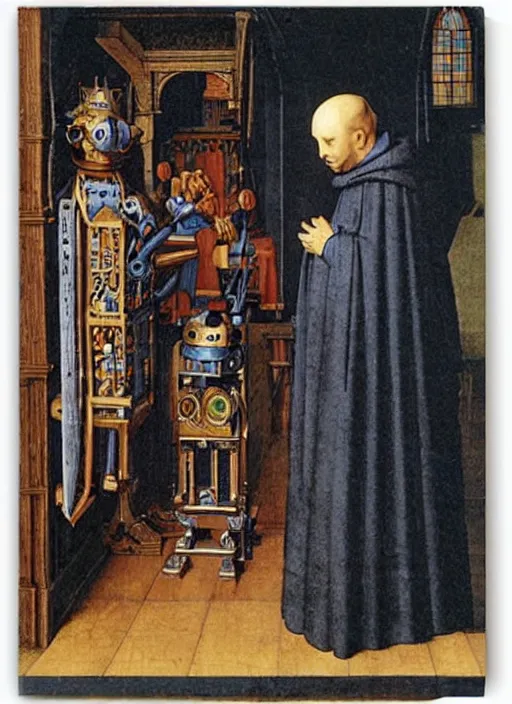 Image similar to a robot priest by Jan van Eyck