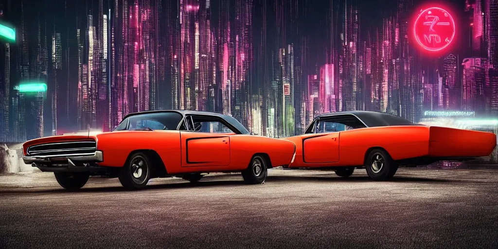 Image similar to A Black 1960s Dodge Charger car parked on a ridge overlooking a neon cyberpunk city at night, digital art