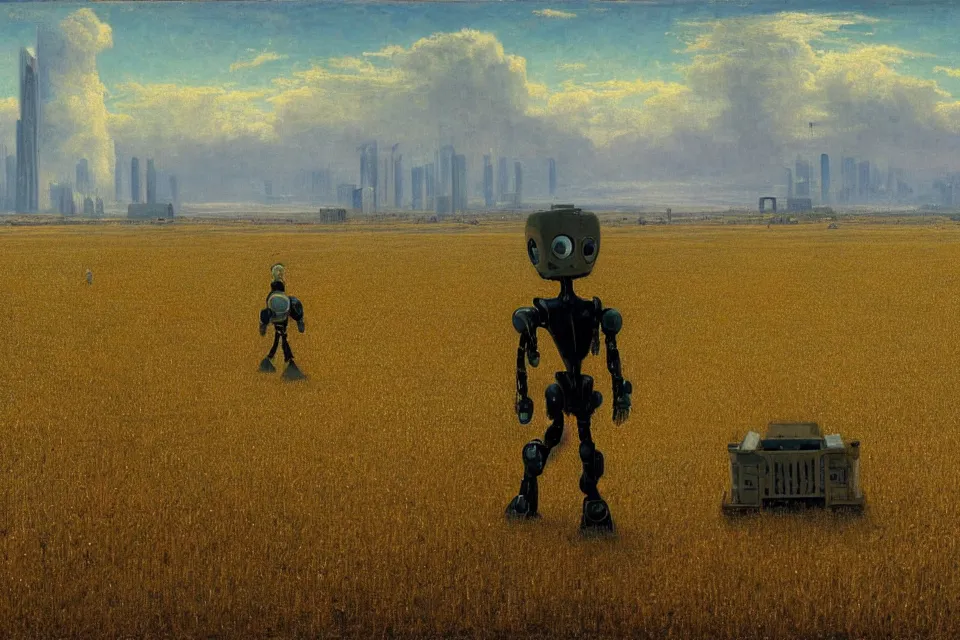 Image similar to sci-fi painting of a large alien city on the vast wheat fields, the closed back view of one humanoid robot on the ground, by Albert Bierstadt, godrays, detailed