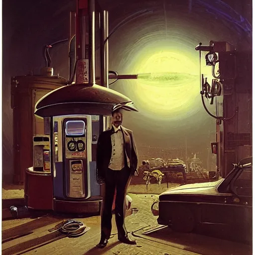 Image similar to painting of a man in suit in an syd mead artlilery scifi gas pump with ornate metal work lands on a farm, fossil ornaments, volumetric lights, purple sun, andreas achenbach