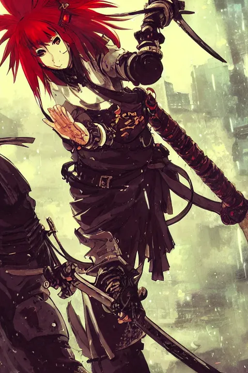 Prompt: cyberpunk anime samurai with red hair, japanese, vagabond, musashi, rain, style of Frank Frazetta, detailed, high quality, atmospheric, duel, fight