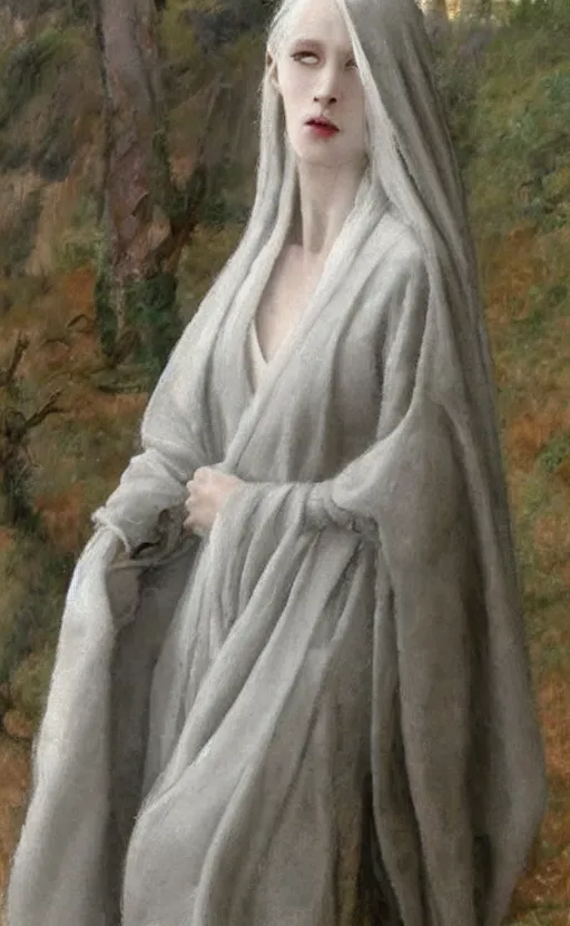 Prompt: who is this with silver hair so pale and wan! and thin!? petite feminine goddess, wearing long silver robes, flowing hair, pale fair skin!!, young face, silver hair, covered!!, clothed!! lucien levy - dhurmer, jean deville, oil on canvas, 1 8 9 6, 4 k resolution, aesthetic!, mystery