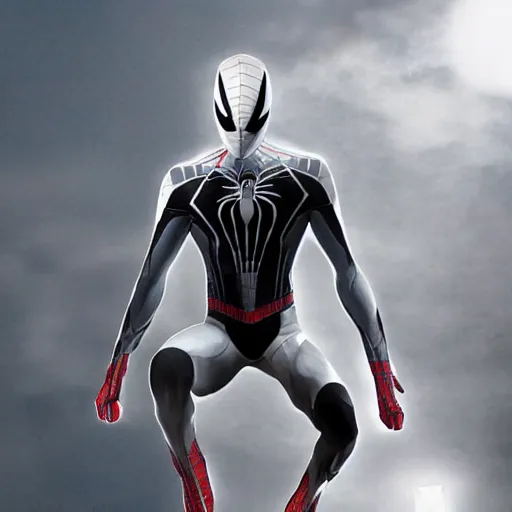 Image similar to white spider - man suit with black web lining, cinematic, volumetric lighting, realistic, hyperdetailed, photorealistic, photograph