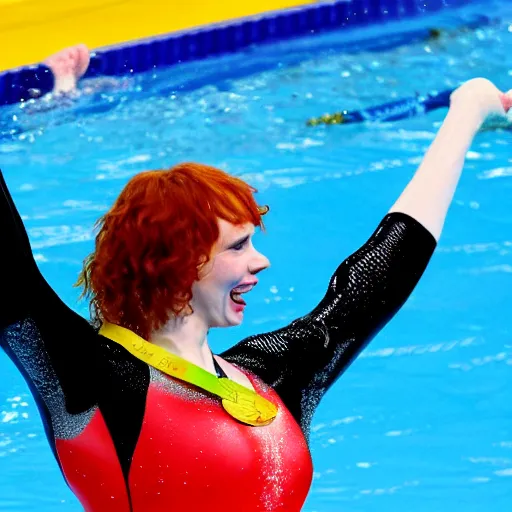 Image similar to christina hendricks as olympic swimmer wining gold medal,