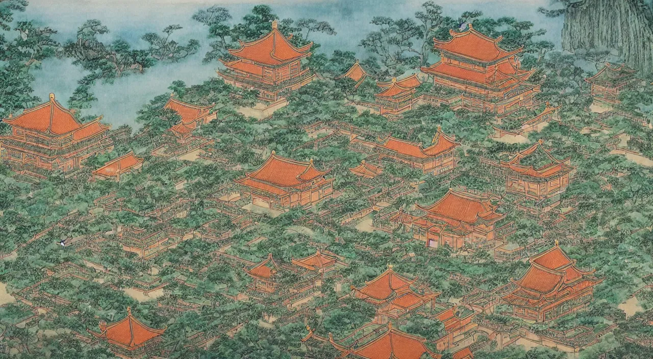 Image similar to a beautiful painting of a singular ancient Chinese palace, with a garden, by Studio Ghibli