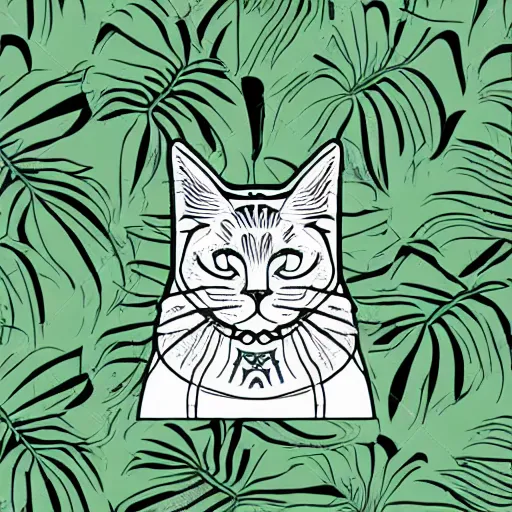 Image similar to tattoo sketch of a cat with one eye, monstera, a draft, organic ornament, minimalism, line art, vector