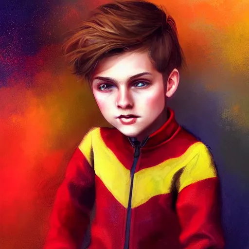 Image similar to colorful and festive captivating young child boy, brown fluffy hair, wearing red and yellow hero suit. full body, rich vivid colors, ambient lighting, dynamic lighting, 4 k, atmospheric lighting, painted, intricate, highly detailed by charlie bowater