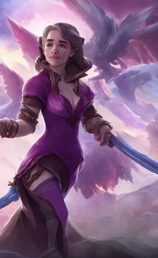 Image similar to Emilia Clarke as a character in the game League of Legends, with a background based on the game League of Legends, detailed face, old 3d graphics