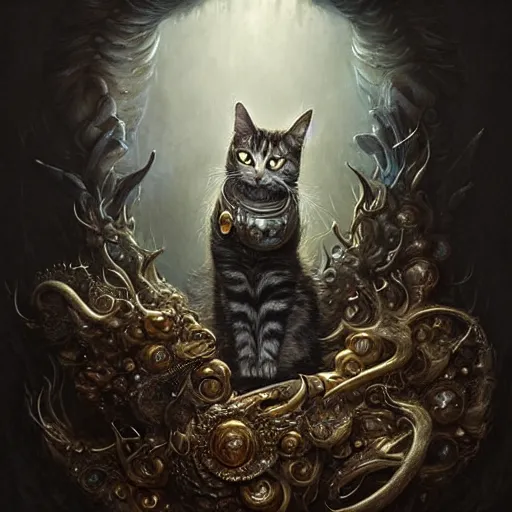 Image similar to a beautiful detailed 3d matte portrait of a alchemist cat, by ellen jewett, by tomasz alen kopera, by Justin Gerard, ominous, magical realism, texture, intricate, ornate, royally decorated, skull, skeleton, whirling smoke, embers, alchemist bottles, radiant colors, fantasy, volumetric lighting, high details