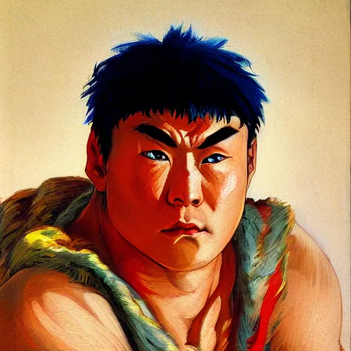 Image similar to ryu from street fighter 2 in real life in the style of malczewski, jacek