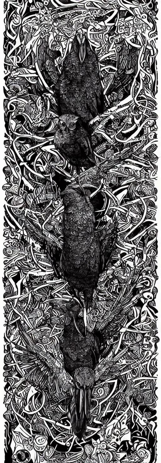 Image similar to psychedelic, monochrome artwork!!, raven, deer, in front of an owl that is a window into the ocean, typography by hr giger and james jean and andreas rocha,