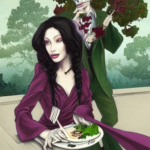 Image similar to a beautiful picture of doctor poison ivy professor of botany and doctor liliana vess professor of demonology having lunch, academic clothing, dark eyeliner, intricate, elegant, highly detailed, digital painting, artstation, concept art, matte, sharp focus, illustration, art by bob ross and hokusai