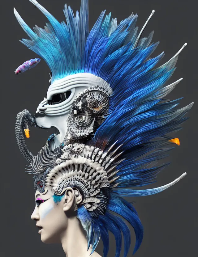 Image similar to 3 d goddess close - up profile simple portrait punk with mohawk with ram skull. beautiful intricately detailed japanese crow kitsune mask and clasical japanese kimono. betta fish, jellyfish phoenix, bio luminescent, plasma, ice, water, wind, creature, artwork by tooth wu and wlop and beeple and greg rutkowski