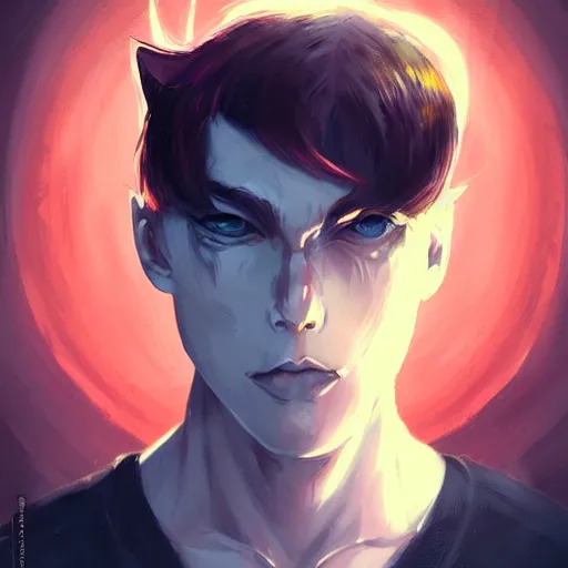 Prompt: headshot portrait of male anime character extremely sharp jaws slit yellow eyes medium red hair inspired by tom hiddleston by anato finnstark, tom bagshaw, brom