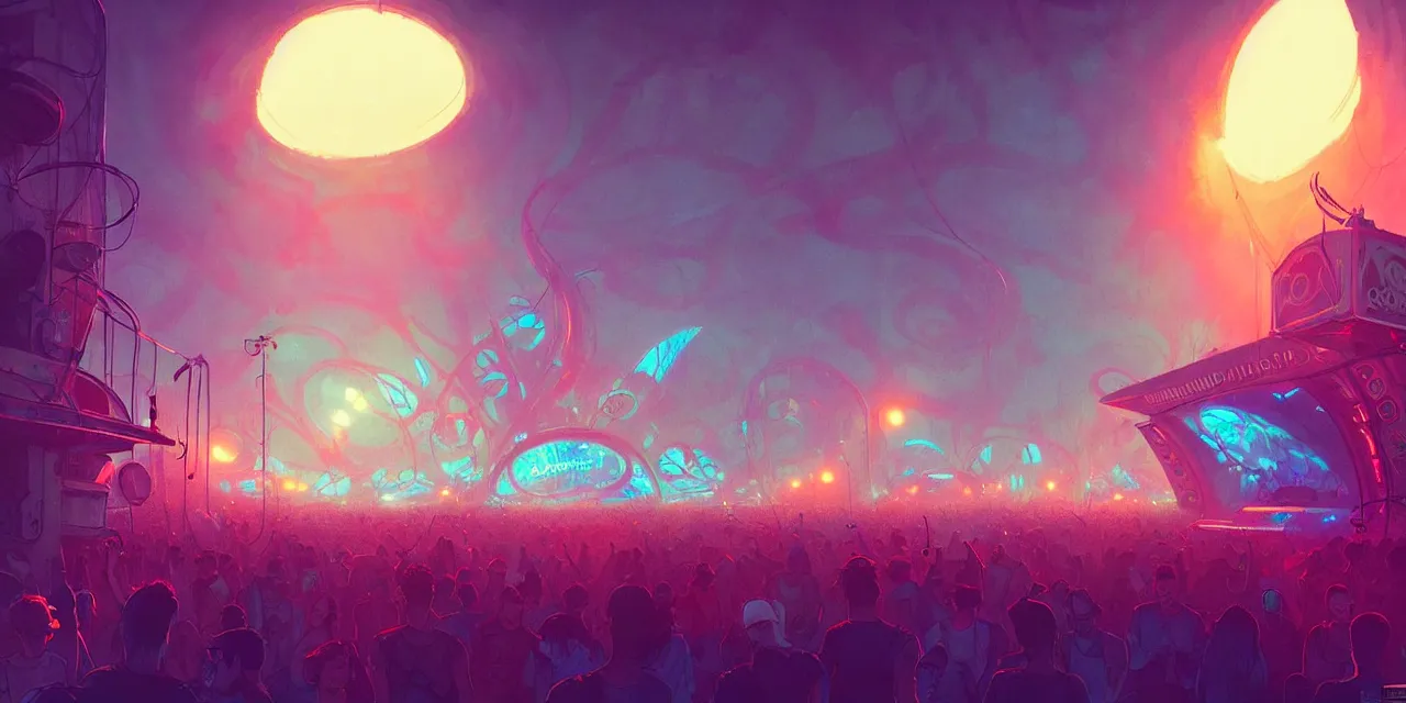 Image similar to tomorrowland, hyper - realistic detailed music festival stage, by atey ghailan, by greg rutkowski, by greg tocchini, by james gilleard, by joe fenton, by kaethe butcher, dynamic lighting, neon cinematic lighting color scheme, white lighting, grunge aesthetic