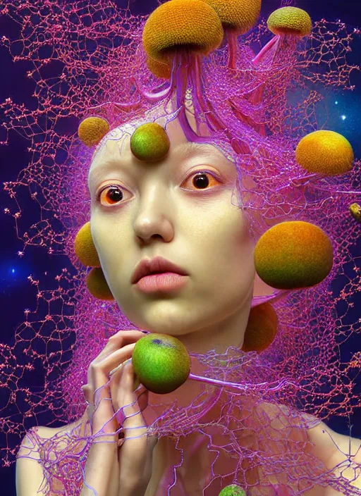 Prompt: hyper detailed 3d render like a Oil painting - kawaii portrait Aurora (gold haired Singer Praying Mantis) seen Eating of the Strangling network of yellowcake aerochrome and milky Fruit and Her delicate Hands hold of gossamer polyp blossoms bring iridescent fungal flowers whose spores black the foolish stars by Jacek Yerka, Mariusz Lewandowski, Houdini algorithmic generative render, Abstract brush strokes, Masterpiece, Edward Hopper and James Gilleard, Zdzislaw Beksinski, Mark Ryden, Wolfgang Lettl, hints of Yayoi Kasuma, octane render, 8k