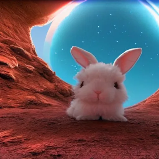 Image similar to photo of a cute bunny crossing dimensionnal portal on mars, realistic,