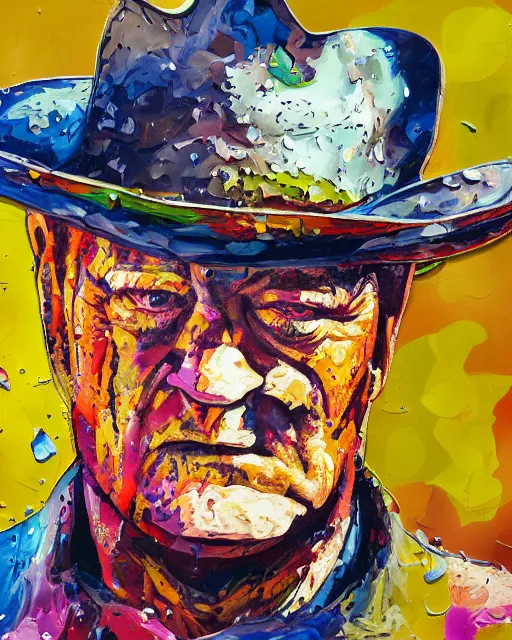 Image similar to abstracted John Wayne painted in extremely thick, glistening impasto splatter paint, in muted colors, in impressionist styles