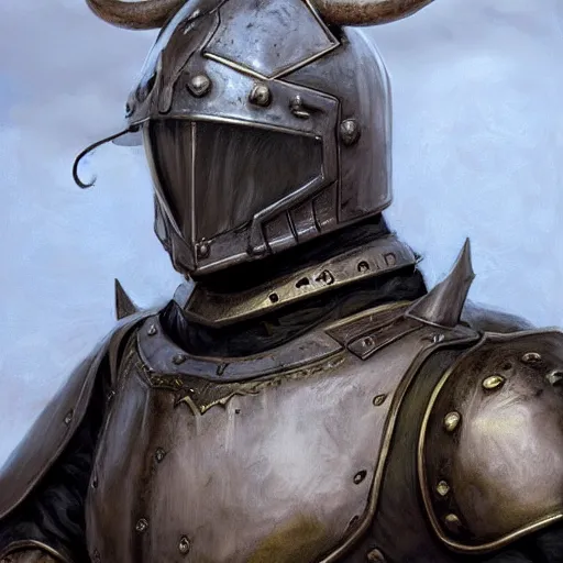 Prompt: cow knight as a realistic fantasy knight, closeup portrait art by donato giancola and greg rutkowski, realistic face, digital art, trending on artstation, symmetry!!