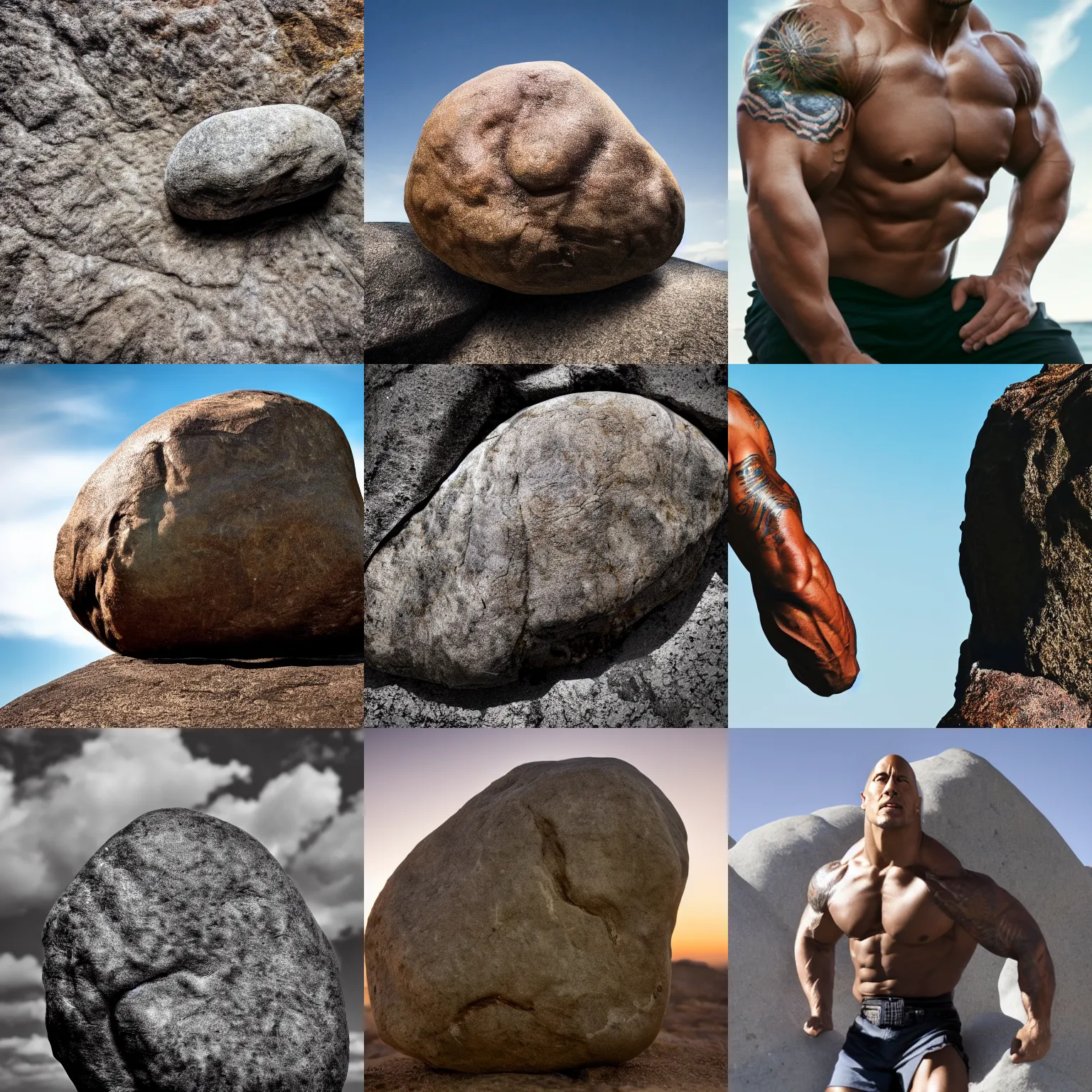 Prompt: a rock with the body of dwayne johnson, photograph, 4 k, canon 3 5 mm