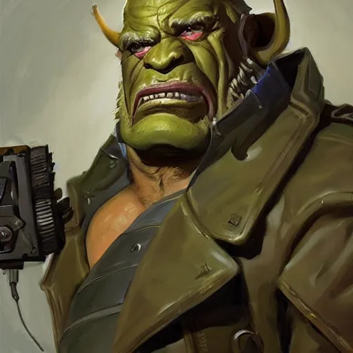 Image similar to greg manchess digital painting of a ruggedly handsome old dieselpunk orc general with olive green skin sitting in his office, overwatch character, organic painting, matte painting, bold shapes, hard edges, street art, trending on artstation, by huang guangjian and gil elvgren and sachin teng