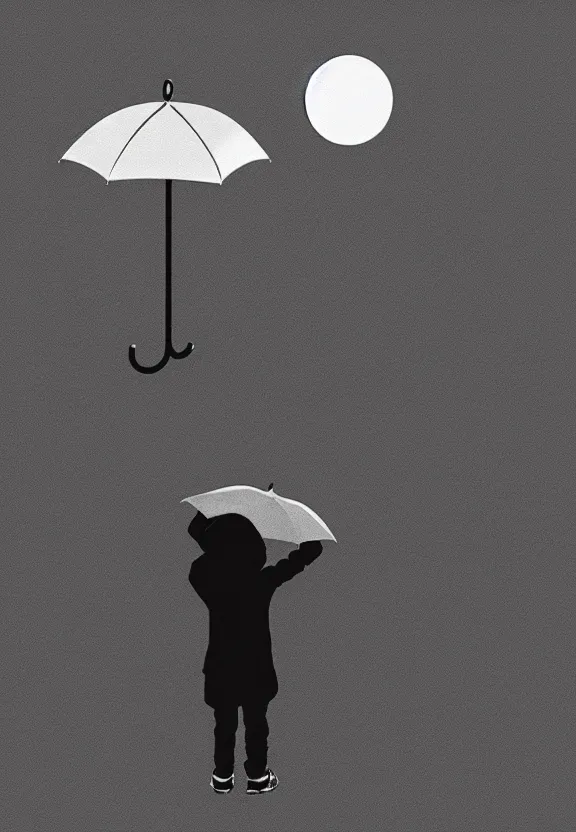 Image similar to little boy standing, holding umbrella in front of playground, at night, full moon, minimalist, black and white artwork, anime style