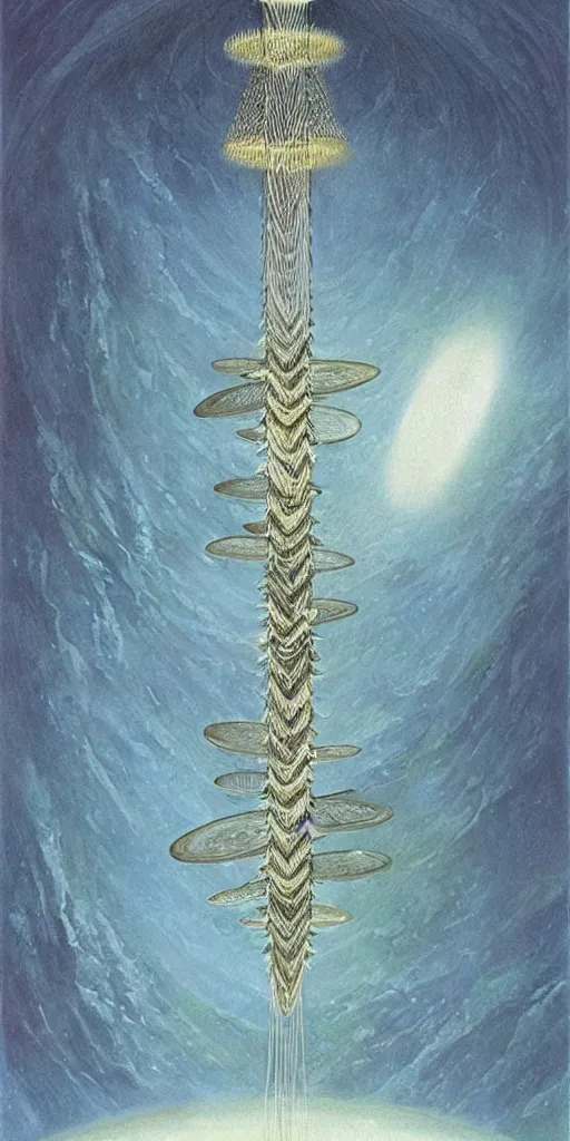 Image similar to a giant beautiful diatom hanging inside a space station, fantasy art by John Howe