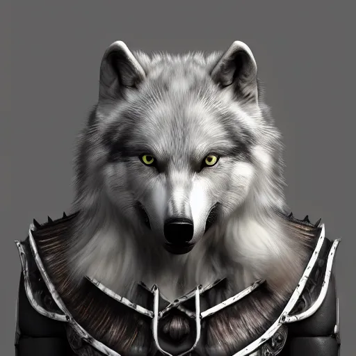 Prompt: actionism, soft painting fractal curiosities carnival, a single beautiful anthropomorphic hybrid wolf female mutation in full gothic armor, accurate features, focus, very intricate ultrafine details, black white purple volumetric clouds, award winning masterpiece, octane render 8 k hd