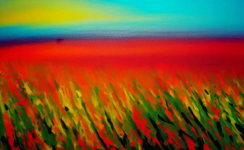 Prompt: abstract painting of a flower field at sunset, in the style of john armleder