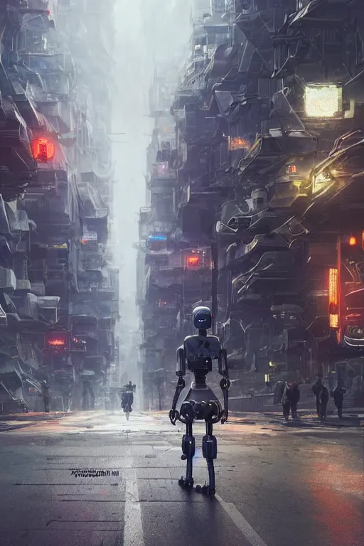Image similar to a portrait of a robot in the middle foreground walking in the street of a sci-fi city by Greg Rutkowski, Sung Choi, Mitchell Mohrhauser, Maciej Kuciara, Johnson Ting, Maxim Verehin, Peter Konig, final fantasy , mythical, 8k photorealistic, cinematic lighting, HD, high details, atmospheric,