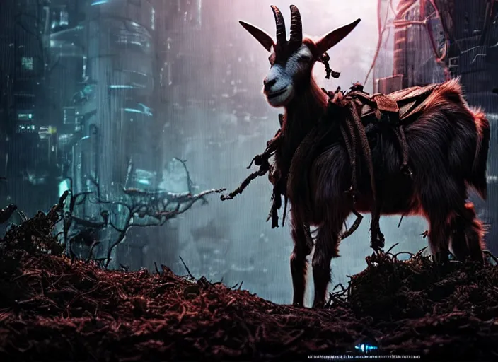 Image similar to intricate goat from overlord anime, on the background of a weird magical mechanical forest. Very detailed 8k. Fantasy cyberpunk horror. Sharp. Cinematic post-processing