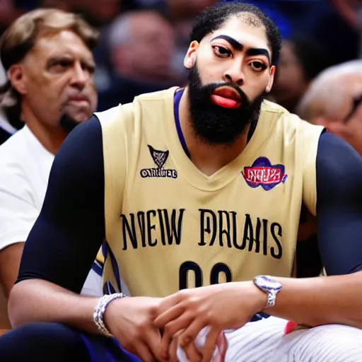 Prompt: Anthony Davis in a new Orleans pelicans jersey, sitting on a bench in a NBA games