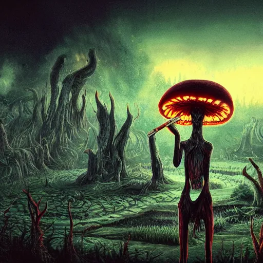 Image similar to 4 k headshot portrait of a psychedelic demonic anthropomorphic wendigo smoking a hand - rolled cigarette smoking heavily, magic mushroom village in background. award winning. superb resolution. in the art style of junji ito and greg rutkowski. detailed mushroom city in background. hyper realistic anime. perfect art. dalle 2