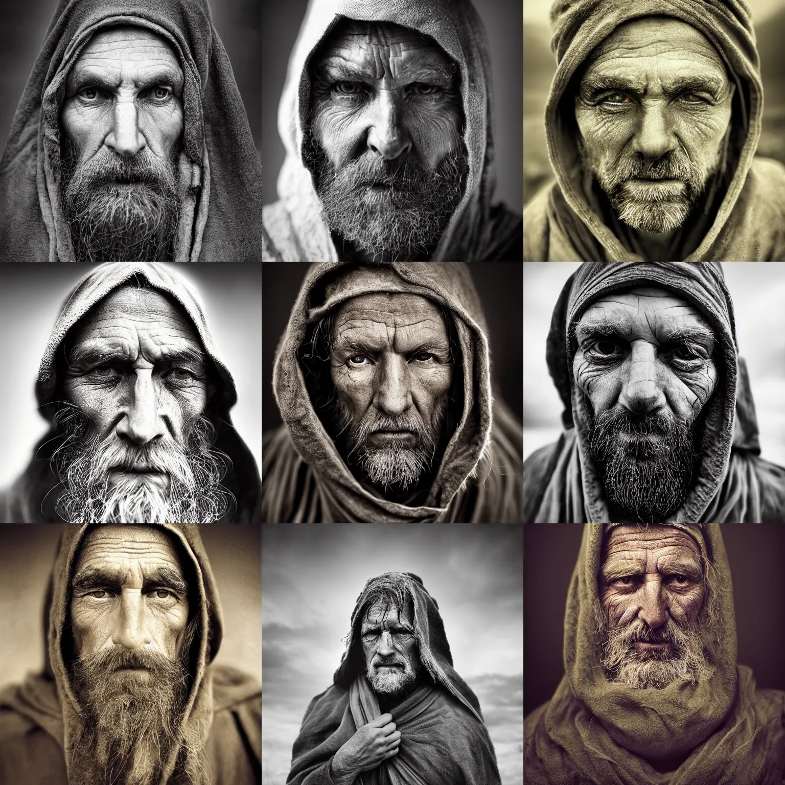 Prompt: Award Winning Portrait of a prehistoric weathered English Druid Chieftain with beautiful eyes wearing ceremonial garb and a cloth hooded robe by Lee Jeffries, 85mm ND 5, perfect lighting,