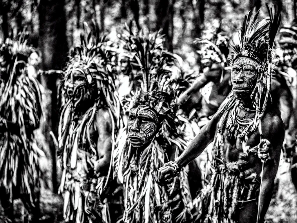 Image similar to cinematic, film grain, 3 5 mm, photography, midnight, ancient baluba tribe ceremony, shamans wearing fearsome tribal ancestors masks, emerging from dark woods, drummer, tribal dancers, transe, fire, congo, luba tribe