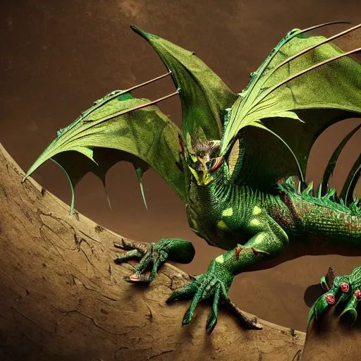 Prompt: an injured damaged dragon with patchy green scales and exposed bones and has a broken wing and leg, fantasy, intricately detailed, 8 k render, ultra high resolution, octane render, trending on artstation