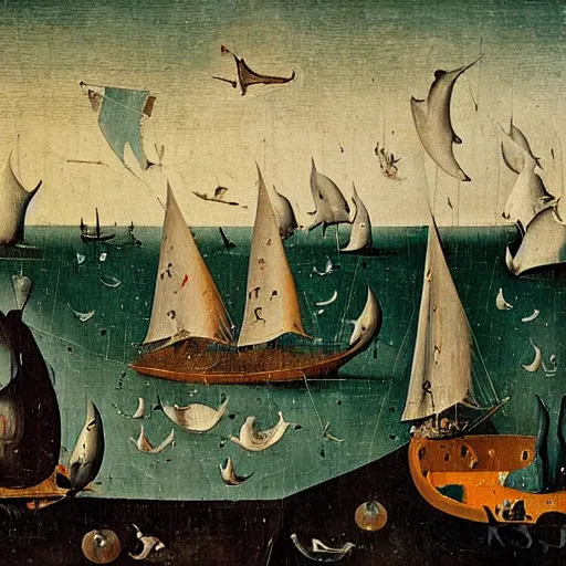 Prompt: oil painting by hieronymous bosch of a caravel sailing ship sailing with sails set. people with silly expressions on the ship. dolphins and whales play around the ship.